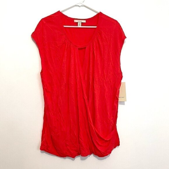 NEW NWT SEJOUR Plus Size Twisted Front Top Coral Red / Pink Short Cap Sleeve 2X - Picture 2 of 11